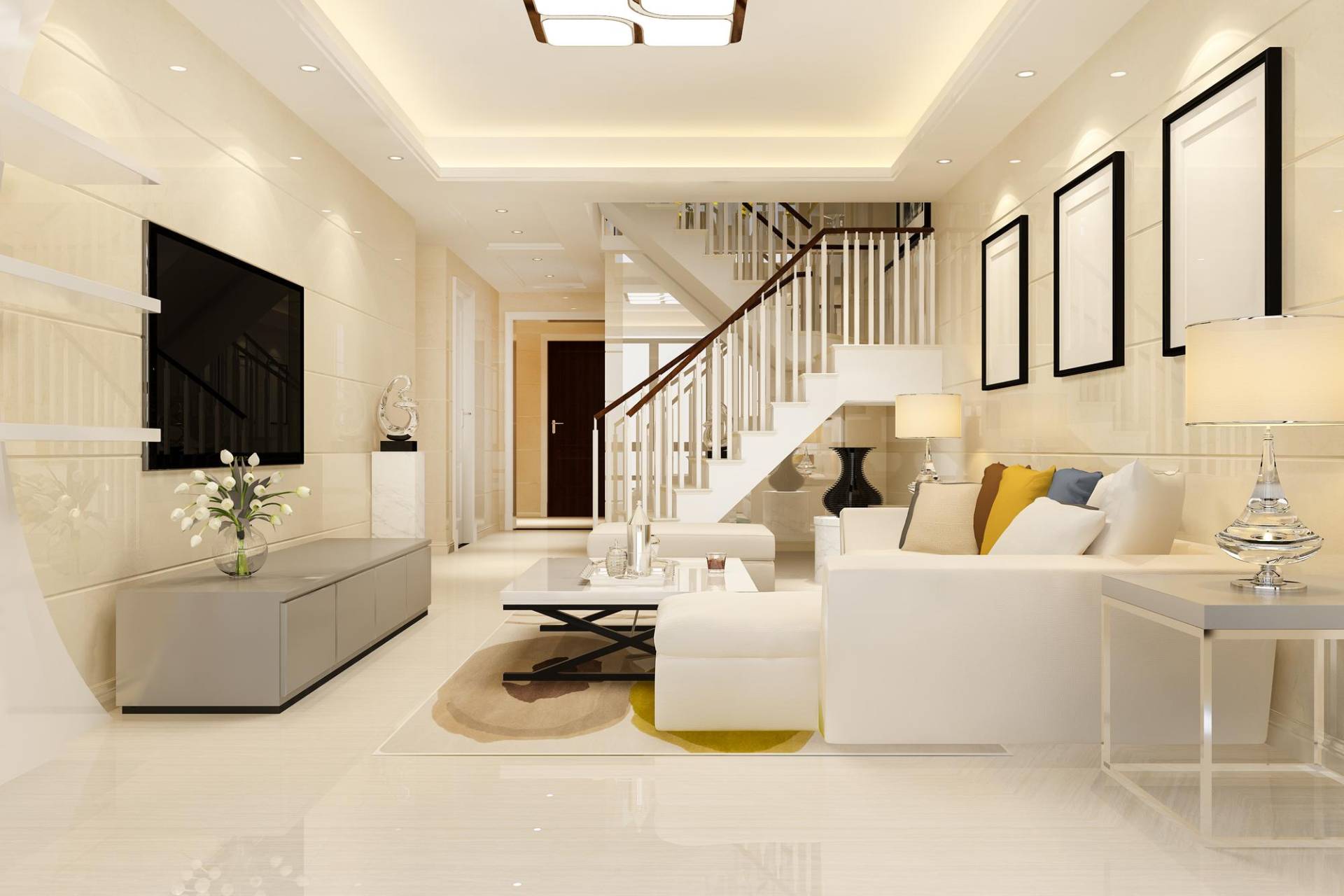 3d Rendering White Wood Living Room Near Bedroom Upstair